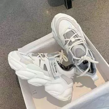 Старые туфли женские 2024 новые весенние и осенние большие дышащие дикие повседневные женские туфли на толстой подошве белые спортивные туфли женские 35 серый