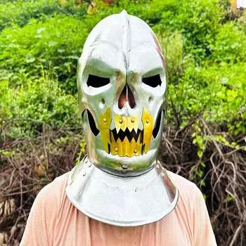 Старый демонический шлем для лица, средневековый шлем, готовый к битве, историческое сокровище, средневековая броня, серебряный шлем для косплея, подарок