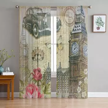 Старый Лондон, Англия, постер, художественная башня с часами, автомобиль, тюлевые прозрачные оконные шторы для гостиной, спальни, вуаль, занавески из органзы, шторы W135 x H115cm x1