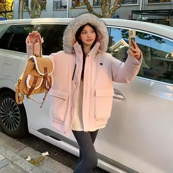 States thickened cottonpadded clothes women s 2024 winter new loose hooded short tooling cottonpadded jacket trendy S