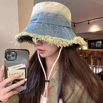 Статические заусенцы по краям, изношенные, стираные, рыболовная шляпа, детская, лето 2024, новая, с большими карнизами, солнцезащитный козырек, шляпа, показывающая маленькое лицо adjustable (55-58cm) чёрный
