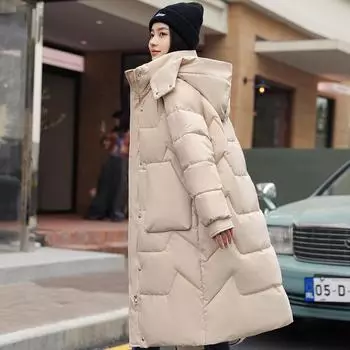 Station 2024 winter new removable hat padded jacket women s medium and long knee thickened padded jacket women s jacket M чёрный