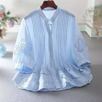 Station Hollow Embroidery Flower Heavy Industry Loose Lotus Leaf Edge Premium Sense Cotton and Linen Shirt Женская летняя рубашка M синий