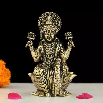 Статуэтка Богини Лакшми из латуни ручной работы для домашнего храма | 2,5 Фигурка Маа Лакшми Идол Мурти Священный символ богатства | Идеально для ритуалов и в подарок
