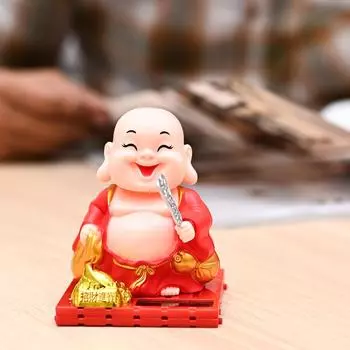 Статуэтка Будды-монаха на солнечной энергии - декор фэн-шуй для богатства, процветания и удачи с движущейся головой и рукой (красный)