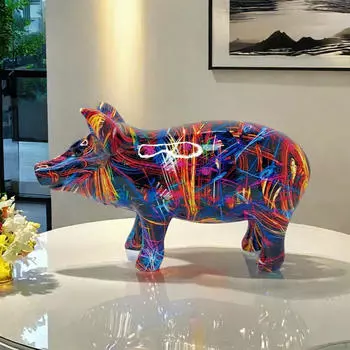 Статуэтка цветной свиньи Мини-фигурка животного Креативный дизайн Художественное произведение искусства Центральная часть стола Скульптура из смолы для Style B