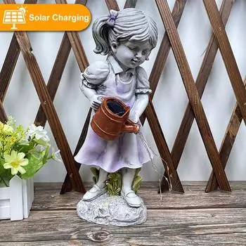 Статуэтка девушки на солнечной батарее, водонепроницаемая, для полива, скульптура девушки, креативная лейка для украшения сада и двора