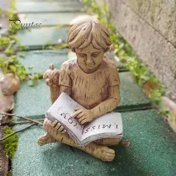 Статуэтка для чтения детей, уличная фигурка мальчика, сидящего и читающего книгу, с котом, резиновое украшение для двора, сада, патио, стола, двора Boy