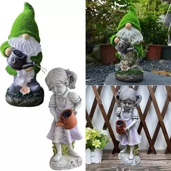 Статуэтка гнома, держащего чайник, работающая на солнечной энергии, смоляная фигурка старика, легкая водонепроницаемая мини-скульптура слона, украшение для двора