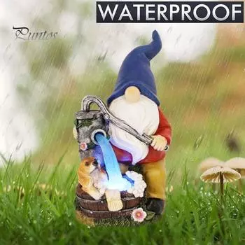 Статуэтка гнома на солнечной батарее со светом, моющая собака, карлик, эльф, смоляная статуэтка, скульптура для украшения сада, крыльца, двора, газона, орнамент синий