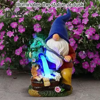 Статуэтка гнома на солнечной батарее со светом, моющая собака, карлик, эльф, смоляная статуэтка, скульптура для украшения сада, крыльца, двора, газона, орнамент красный