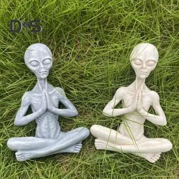Статуэтка «Инопланетяне» для йоги Медитирующие сидящие инопланетяне Статуя из смолы Скульптура для домашнего офиса Настольный сад Украшение Орнамент Рождественский фестиваль Подарок серый