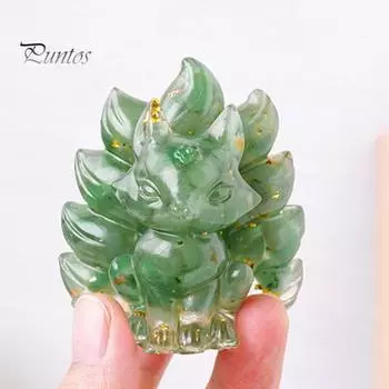 Статуэтка из натурального камня в виде девятихвостой лисы, позитивная целебная энергия, вырезанная вручную из цветного искусственного кристалла, сидящая статуя животного для домашнего офиса и рабочего стола зелёный