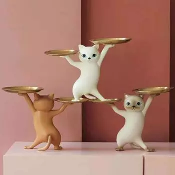 Статуэтка из скандинавской смолы для кошек, симпатичный поднос для кошек, держатель для ключей на крыльце, контейнер для хранения закусок и конфет, украшение для рабочего стола beige