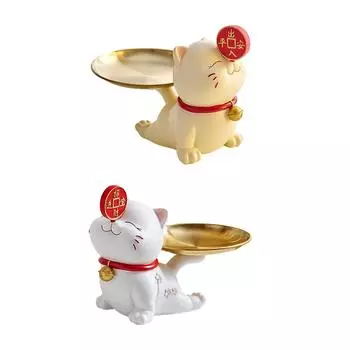 Статуэтка кошки с поддоном для хранения, фигурка из смолы, держатель ключей, конфетница, креативный настольный органайзер, подставка для украшений, подставка для ключей бежевый