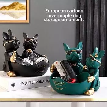 Статуэтка парного бульдога с миской, ящиком для хранения ключей, статуэтка французского бульдога из смолы, украшение для дома, настольная скульптура зелёный