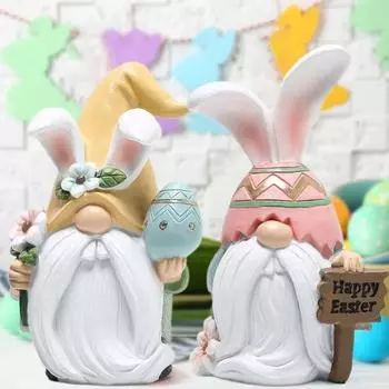 Статуэтка пасхального кролика-гнома с ушками, цветное яйцо, безликий эльф, гном, статуэтка из смолы розовый