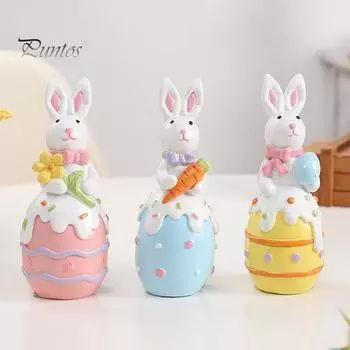 Статуэтка пасхального кролика, резиновые фигурки кроликов с цветком/яйцом/морковкой, настольные украшения для домашнего офиса, фермерского дома, весенний декор жёлтый