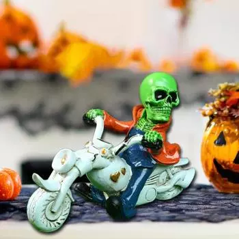 Статуэтка скелета на Хэллоуин, череп из смолы, мотоцикл, жуткая настольная центральная часть для украшения на Хэллоуин, День благодарения зелёный
