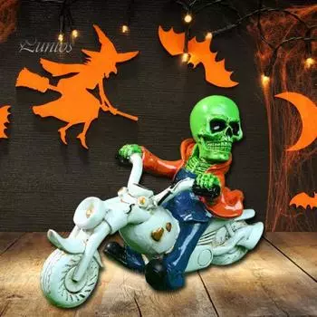 Статуэтка скелета на Хэллоуин, череп из смолы, мотоцикл, жуткая настольная центральная часть для украшения на Хэллоуин, День благодарения зелёный
