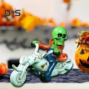 Статуэтка скелета на Хэллоуин, череп из смолы, мотоцикл, жуткая настольная центральная часть для украшения на Хэллоуин, День благодарения зелёный