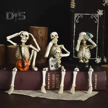 Статуэтка скелета на Хэллоуин из 3 частей, см., говори, слышишь, не слышишь зла, статуэтка скелета из смолы, готические скульптуры скелета с надгробием в виде тыквы для домашнего декора Skull