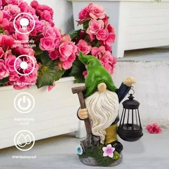 Статуэтка солнечного садового гнома со светодиодным фонарем, водонепроницаемая смоляная статуэтка эльфа-гнома, скульптура для украшения крыльца, двора, газона, орнамент красный