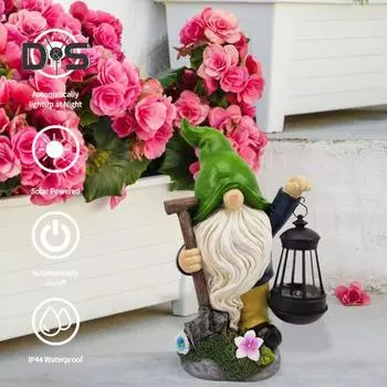 Статуэтка солнечного садового гнома со светодиодным фонарем, водонепроницаемая смоляная статуэтка эльфа-гнома, скульптура для украшения крыльца, двора, газона, орнамент красный