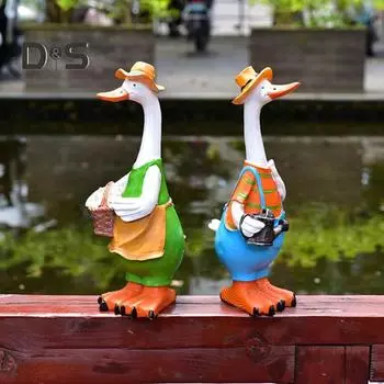 Статуэтка утки из смолы, садовый декор, статуэтка утки, расписанная вручную, мультяшная утка в человеческом костюме для двора, патио, балкона, стола A серый