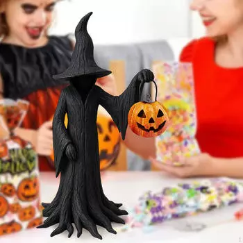 Статуэтка ведьмы на Хэллоуин, держащей тыкву, текстурированная отделка, легкая, для полки, каминной полки, универсальная