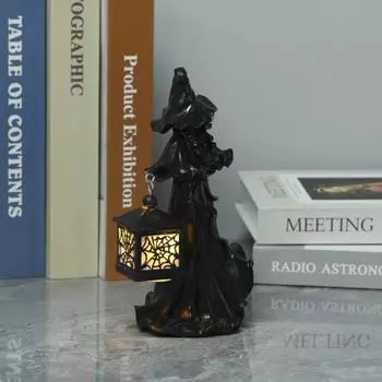 Статуэтка ведьмы-посланника ада Yousheng на Хэллоуин с фонарем, черно-белая статуя ведьмы из смолы, украшение для внутреннего и наружного использования в саду чёрный