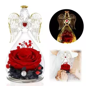 Статуэтки Ангела Розы для женщин Вечные настоящие розы в стеклянном куполе Сохраненные цветы Стеклянный ангел Романтический подарок на День матери Рождество День рождения светло-синий