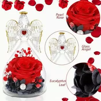 Статуэтки Ангела Розы для женщин Вечные настоящие розы в стеклянном куполе Сохраненные цветы Стеклянный ангел Романтический подарок на День матери Рождество День рождения синий
