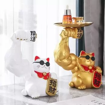 Статуэтки Golden Cat Muscle Arm Lucky Cat скульптура Украшения Поднос для хранения из смолы Подстаканник для хранения ключей Украшения