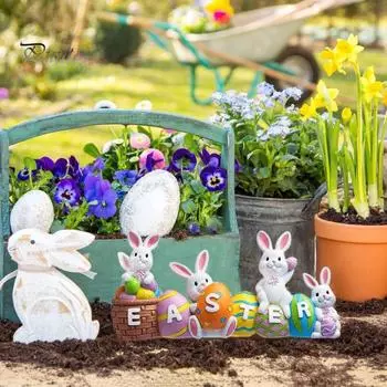 Статуэтки пасхального кролика в виде яйца, статуэтка весеннего кролика из смолы, расписанная вручную, настольная центральная часть для декора книжной полки дома в саду Rabbit