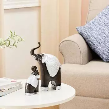 Статуэтки слонов в тайском стиле, скульптуры из смолы в стиле фэншуй для матери и ребенка, украшения для домашнего декора (Набор из 2 шт., коричневый и серебристый)