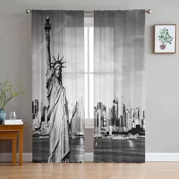 Statue Of Liberty Black White Tulle Window Curtains Living Room Organza Sheer Voile Curtain Bedroom Kitchen Home Decor Drape W135 x H115cm x1&Rod Pocket