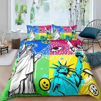 Statue of Liberty Duvet Cover Hip Hop Full Size Peace Sign Love Heart Bedding Set American Eyes Colorful Polyester Quilt Cover 70x133cm 2pcs