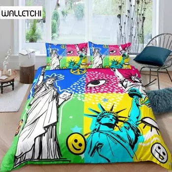 Statue of Liberty Duvet Cover Hip Hop Full Size Peace Sign Love Heart Bedding Set American Eyes Colorful Polyester Quilt Cover EU single(135x200cm)