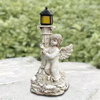 Статуя ангела из смолы с солнечными лампами, Римская колонна, садовая статуя ангела-херувима, скульптура ангела для сада, крыльца, патио, двора, декор