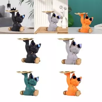 Статуя бульдога, украшение рабочего стола с лотком для хранения ключей, забавная скульптура собаки, домашний декор для домашнего стола, входа в офис серый