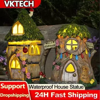Статуя дома, работающая на солнечной энергии, светодиодная лампа для садовой феи, уличная дорожка, украшение двора, скульптуры из смолы, декор для дома, лампа для декора