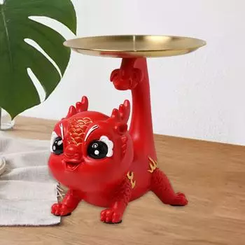 Статуя китайского дракона из смолы с подносом-органайзером, симпатичное украшение в виде дракона для прихожей, домашнего офиса, украшения для прихожей красный