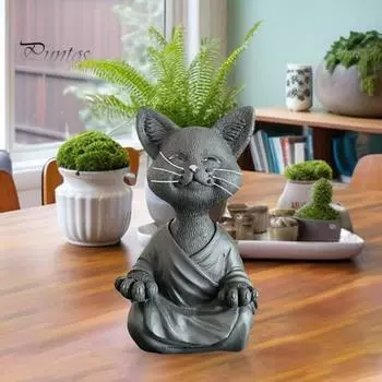 Статуя кошки Будды из смолы, сидящая в медитации, статуэтка кошки Дзен, настольное украшение для спальни, комнаты для йоги, подарки для любителей кошек серый