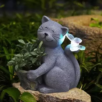 Статуя кошки на лужайке, уличная солнечная статуя кошки со светодиодной бабочкой, водонепроницаемый горшок для цветов, декоративная фигурка котенка из смолы для крыльца