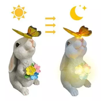 Статуя кролика из смолы с солнечной бабочкой, цветком, светильником, садовая статуэтка, милый кролик, украшение для сада, двора, декора