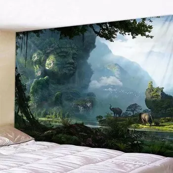 Статуя Лесного Будды, гобелен с животными, медитация, Мандала, домашний декор, настенный подвесной хиппи, бохо, фон для комнаты, ткань, коврик для йоги, лист 90x75cm