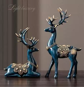 Статуя оленя, синие и зеленые семейные фигурки, скульптура лося из смолы, домашний декор, оленье искусство, украшение для дома, гостиная, олени синий