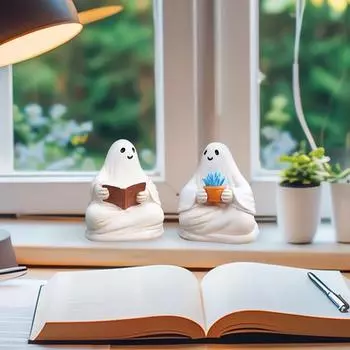 Статуя призрака, Маленькая фигурка призрака из смолы, читающего книгу, Миниатюрное украшение персонажа для крыльца, столешницы, заднего двора, подъездной дорожки белый