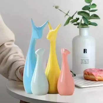 Статуя семьи счастливых оленей для домашнего декора, керамические фигурки с отделкой фортепиано - (Набор из 4 шт., Многоцветный)